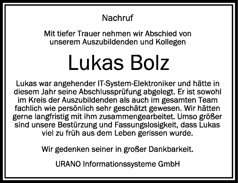  Traueranzeige für Lukas Bolz vom 02.04.2022 aus Schwäbische Zeitung