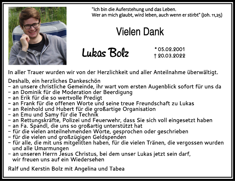  Traueranzeige für Lukas Bolz vom 02.04.2022 aus Schwäbische Zeitung