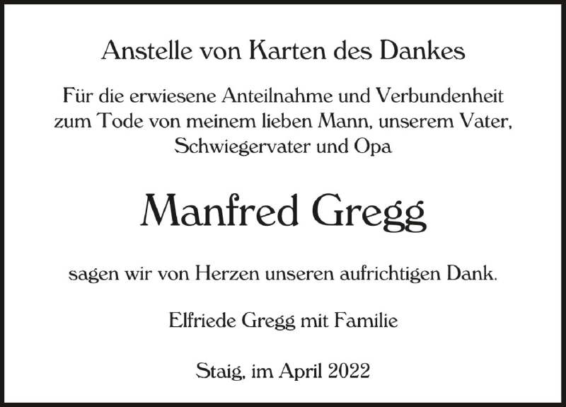  Traueranzeige für Manfred Gregg vom 08.04.2022 aus Schwäbische Zeitung