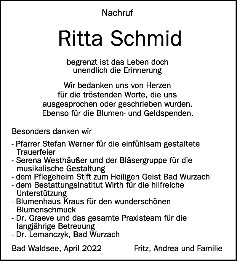  Traueranzeige für Ritta Schmid vom 23.04.2022 aus Schwäbische Zeitung