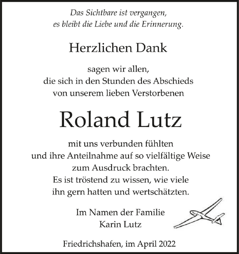  Traueranzeige für Roland Lutz vom 01.04.2022 aus Schwäbische Zeitung