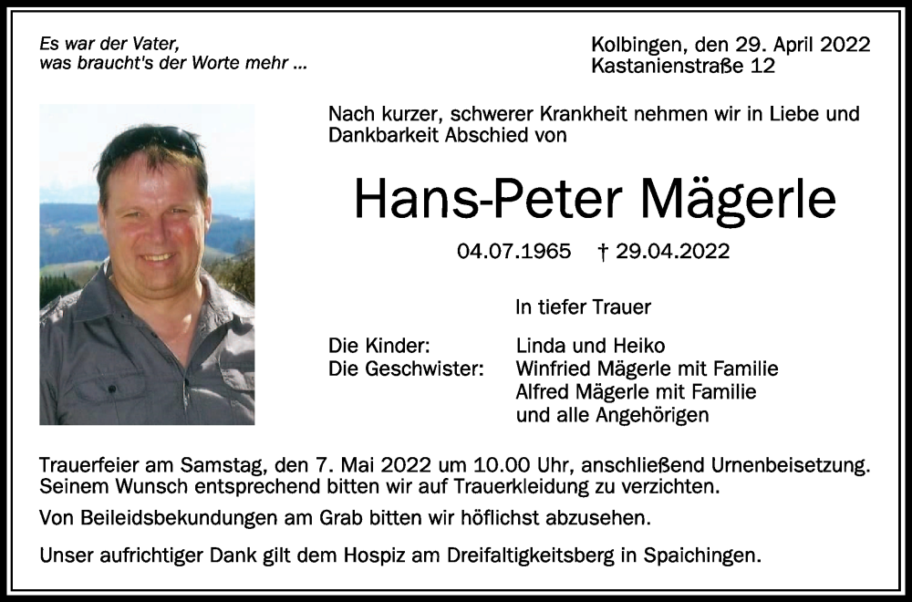  Traueranzeige für Hans-Peter Mägerle vom 04.05.2022 aus Schwäbische Zeitung