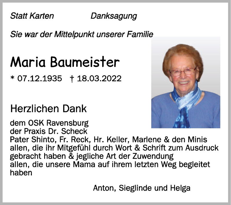  Traueranzeige für Maria Baumeister vom 02.05.2022 aus Schwäbische Zeitung