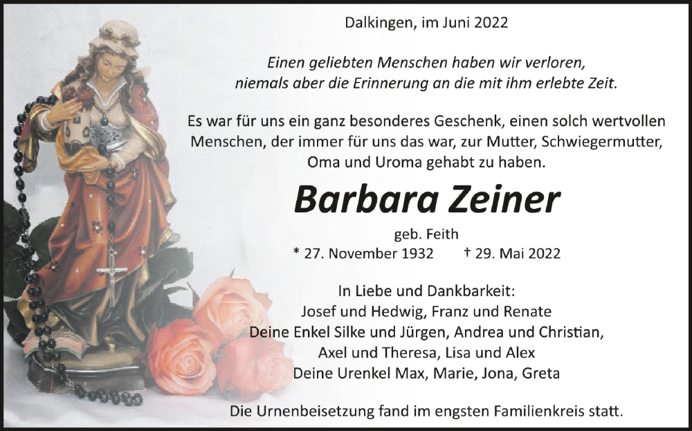  Traueranzeige für Barbara Zeiner vom 11.06.2022 aus Schwäbische Zeitung