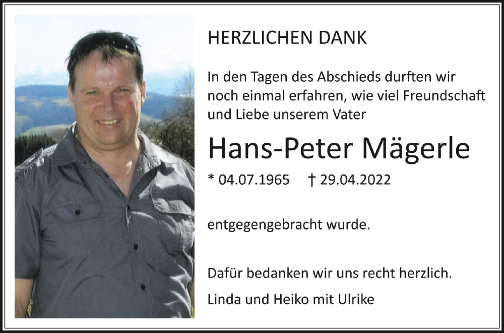  Traueranzeige für Hans-Peter Mägerle vom 04.06.2022 aus Schwäbische Zeitung