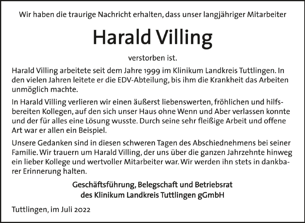  Traueranzeige für Harald Villing vom 20.07.2022 aus Schwäbische Zeitung