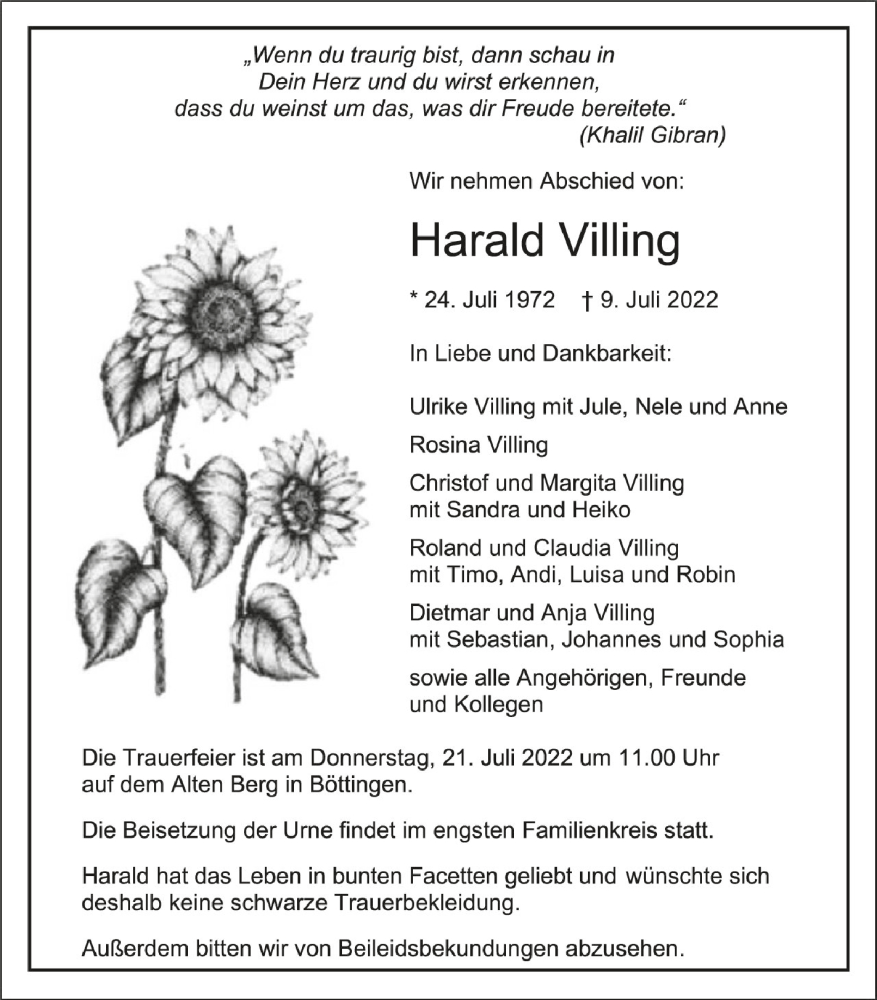  Traueranzeige für Harald Villing vom 18.07.2022 aus Schwäbische Zeitung