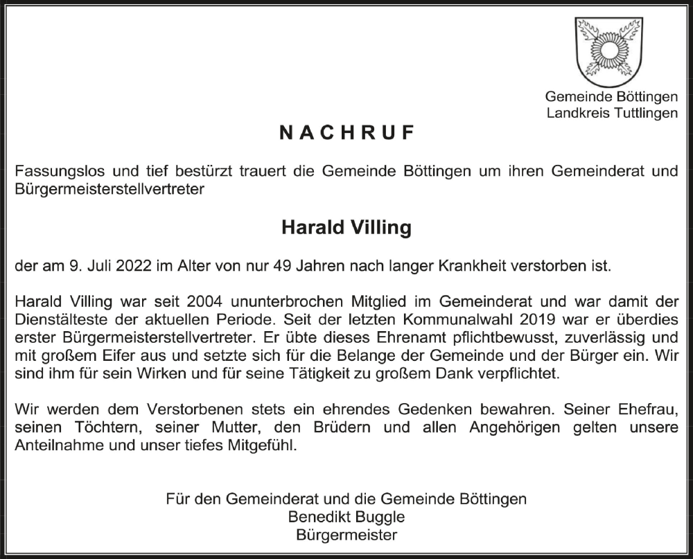  Traueranzeige für Harald Villing vom 18.07.2022 aus Schwäbische Zeitung