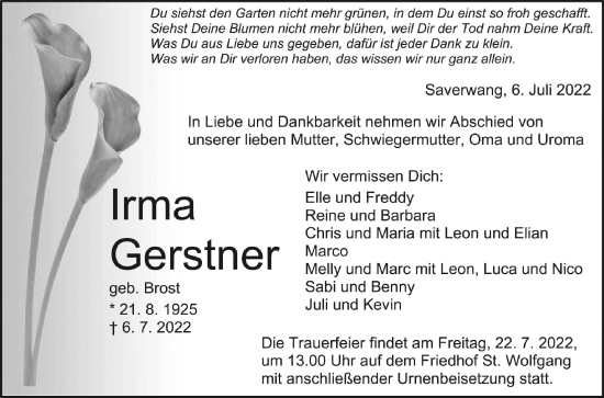 Anzeige von Irma Gerstner von Schwäbische Zeitung
