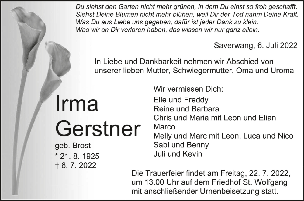  Traueranzeige für Irma Gerstner vom 19.07.2022 aus Schwäbische Zeitung