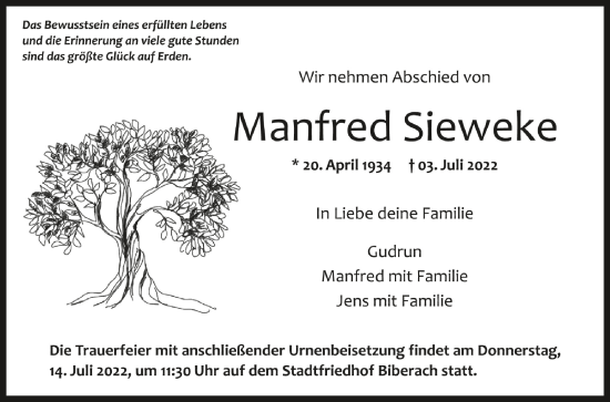 Anzeige von Manfred Sieweke von Schwäbische Zeitung