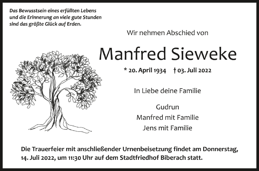  Traueranzeige für Manfred Sieweke vom 09.07.2022 aus Schwäbische Zeitung