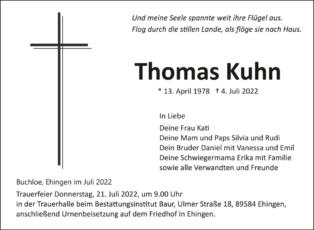  Traueranzeige für Thomas Kuhn vom 16.07.2022 aus Schwäbische Zeitung