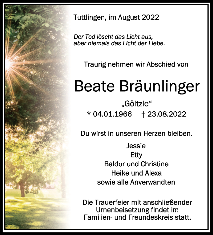  Traueranzeige für Beate Bräunlinger vom 27.08.2022 aus Schwäbische Zeitung