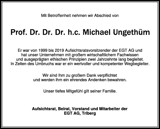 Anzeige von Michael Ungethüm von Schwäbische Zeitung