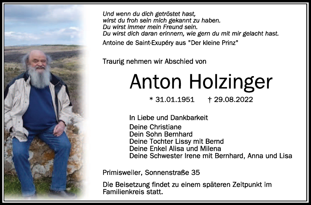  Traueranzeige für Anton Holzinger vom 10.09.2022 aus Schwäbische Zeitung