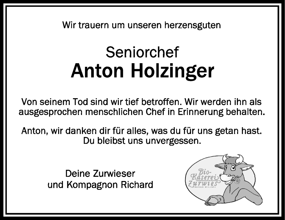  Traueranzeige für Anton Holzinger vom 10.09.2022 aus Schwäbische Zeitung