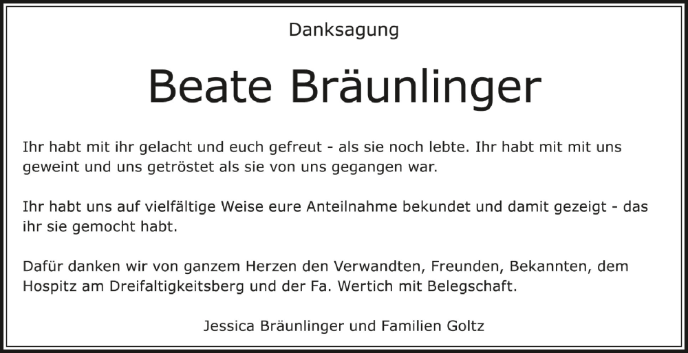  Traueranzeige für Beate Bräunlinger vom 10.09.2022 aus Schwäbische Zeitung