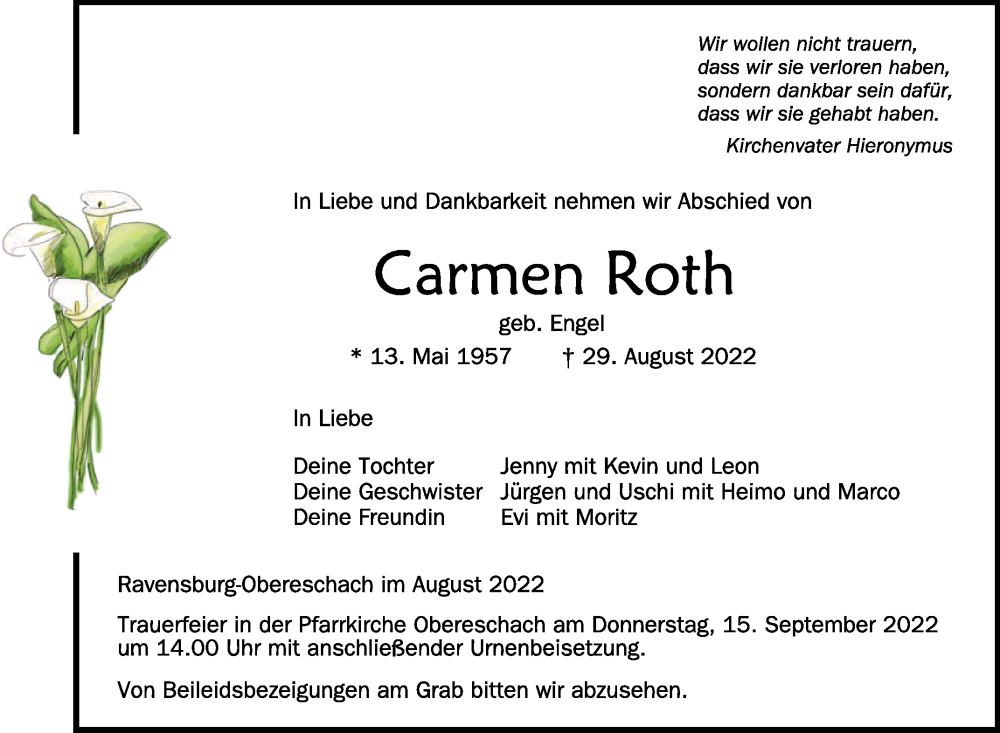  Traueranzeige für Carmen Roth vom 12.09.2022 aus Schwäbische Zeitung