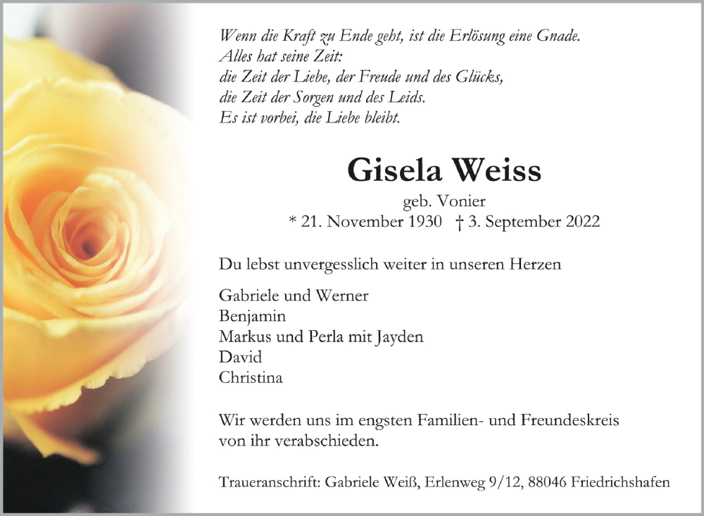  Traueranzeige für Gisela Weiss vom 10.09.2022 aus Schwäbische Zeitung