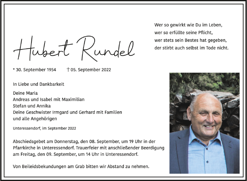  Traueranzeige für Hubert Rundel vom 07.09.2022 aus Schwäbische Zeitung