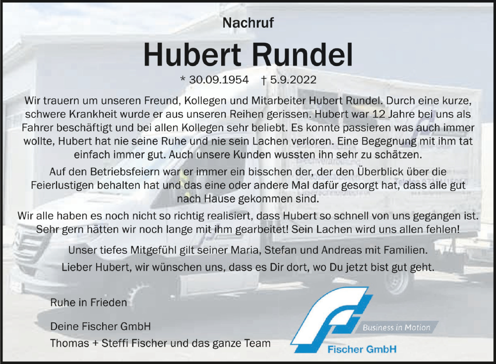  Traueranzeige für Hubert Rundel vom 10.09.2022 aus Schwäbische Zeitung