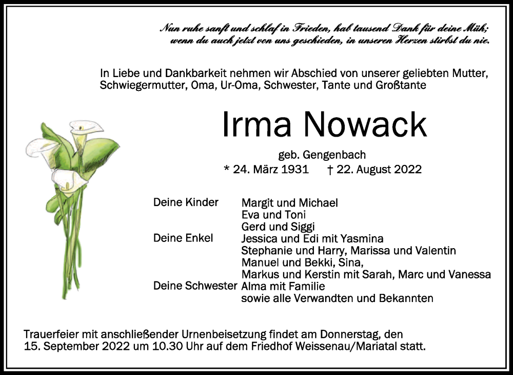  Traueranzeige für Irma Nowack vom 12.09.2022 aus Schwäbische Zeitung