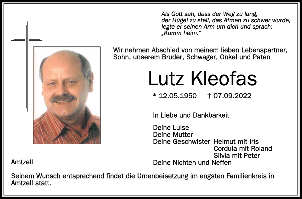  Traueranzeige für Lutz Kleofas vom 10.09.2022 aus Schwäbische Zeitung