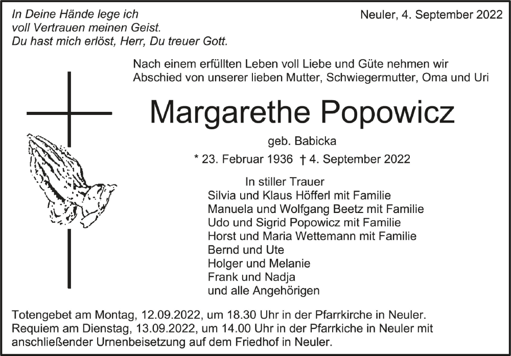  Traueranzeige für Margarethe Popowicz vom 10.09.2022 aus Schwäbische Zeitung