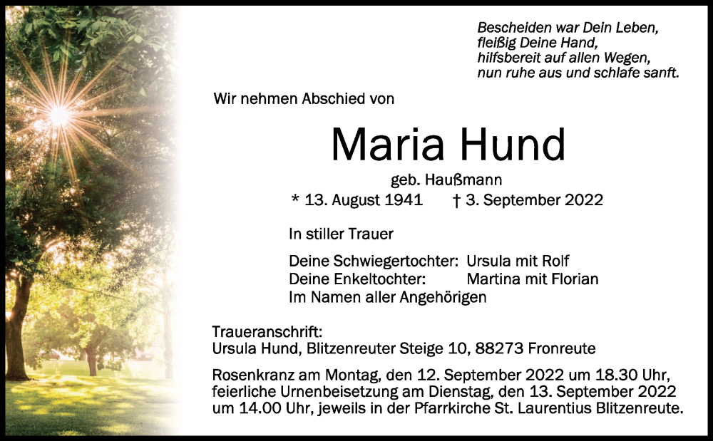  Traueranzeige für Maria Hund vom 10.09.2022 aus Schwäbische Zeitung