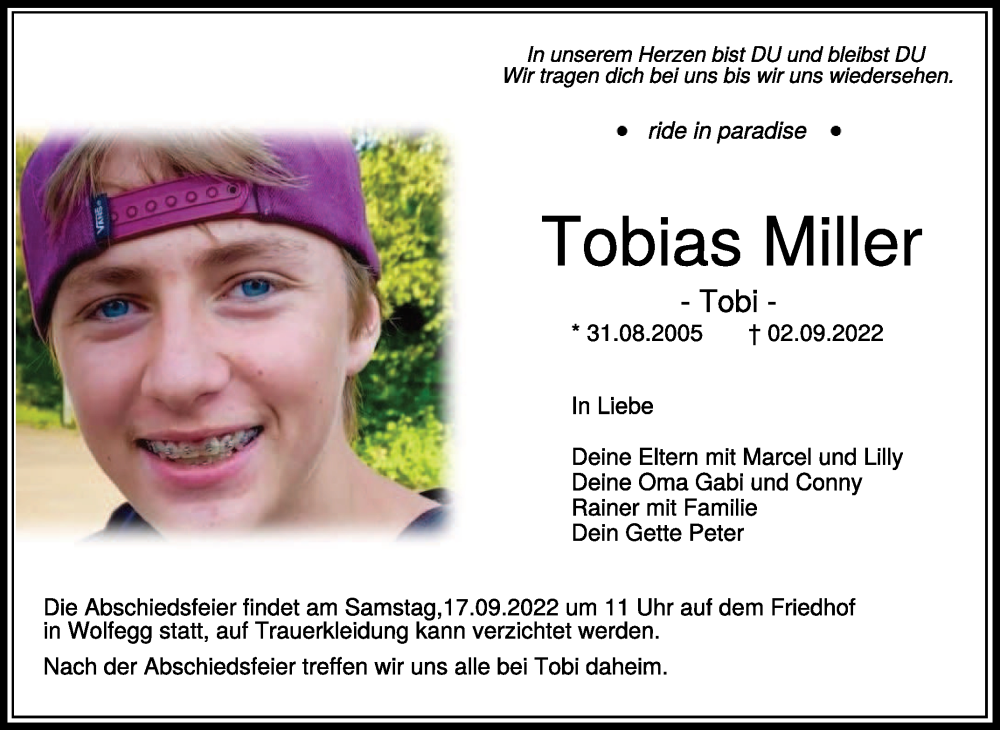  Traueranzeige für Tobias Miller vom 10.09.2022 aus Schwäbische Zeitung