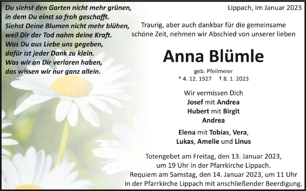  Traueranzeige für Anna Blümle vom 11.01.2023 aus Schwäbische Zeitung