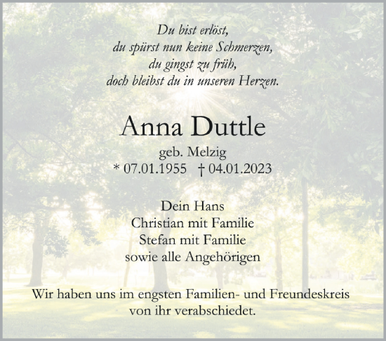 Anzeige von Anna Duttle von Schwäbische Zeitung