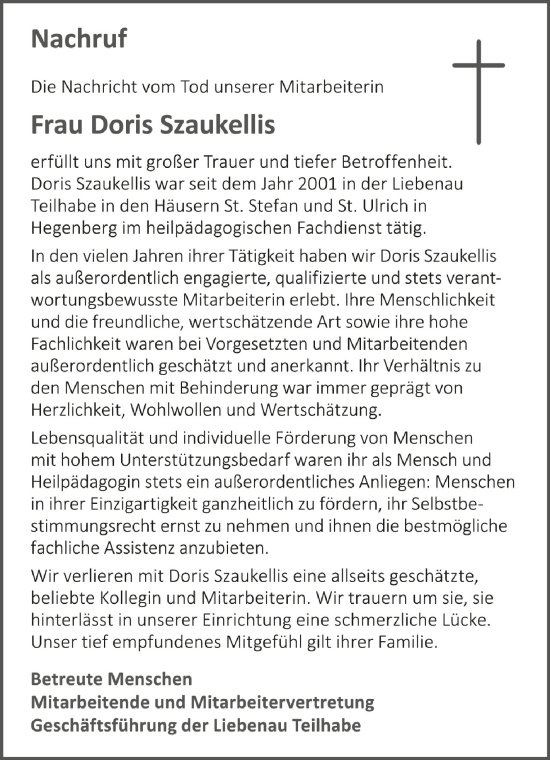 Anzeige von Doris Szaukellis von Schwäbische Zeitung