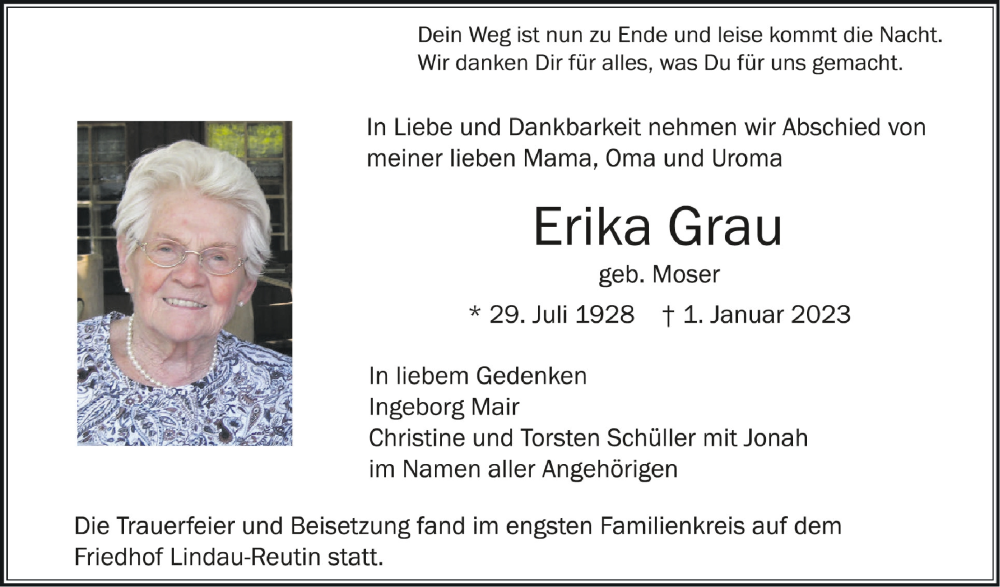  Traueranzeige für Erika Grau vom 14.01.2023 aus Schwäbische Zeitung