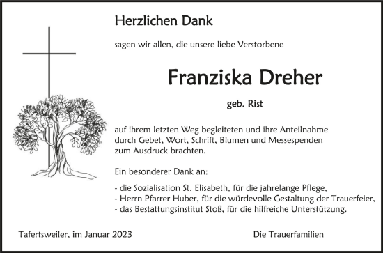 Anzeige von Franziska Dreher von Schwäbische Zeitung