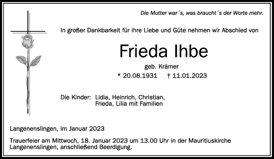 Anzeige von Frieda Ihbe von Schwäbische Zeitung
