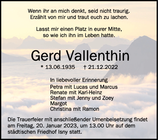 Anzeige von Gerd Vallenthin von Schwäbische Zeitung
