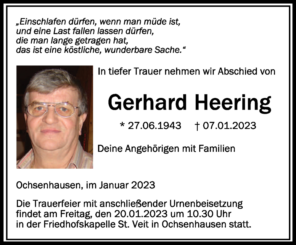  Traueranzeige für Gerhard Heering vom 18.01.2023 aus Schwäbische Zeitung