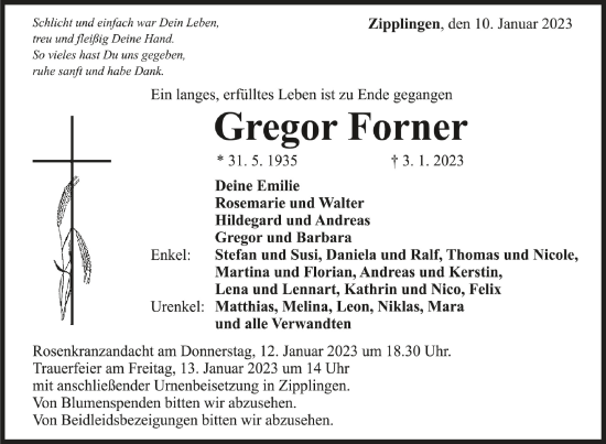 Anzeige von Gregor Forner von Schwäbische Zeitung