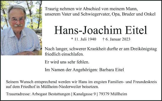 Anzeige von Hans-Joachim Eitel von Schwäbische Zeitung