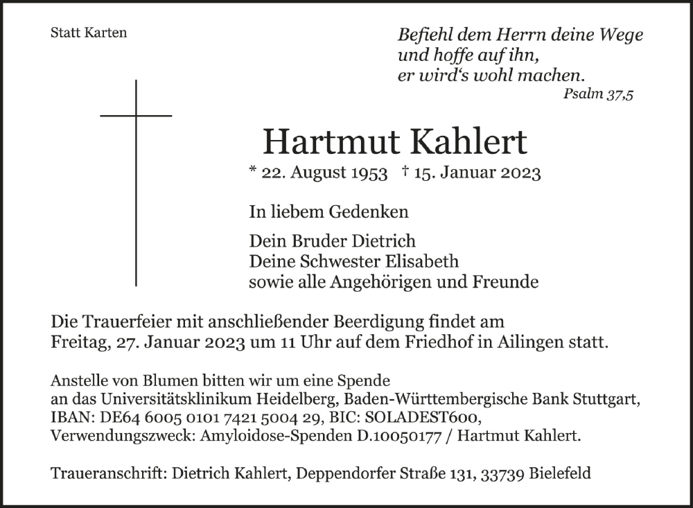  Traueranzeige für Hartmut Kahlert vom 25.01.2023 aus Schwäbische Zeitung