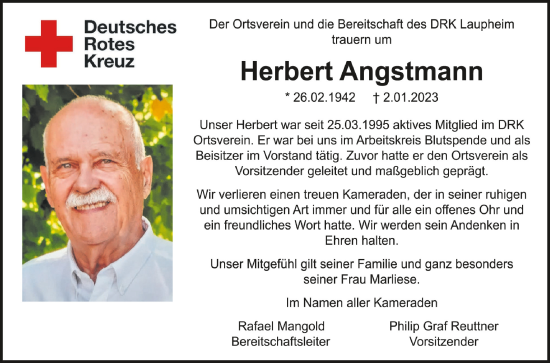 Anzeige von Herbert Angstmann von Schwäbische Zeitung
