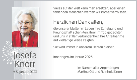 Anzeige von Josefa Knorr von Schwäbische Zeitung