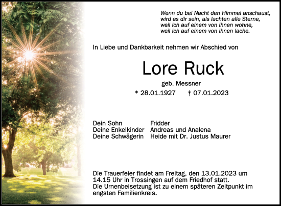 Anzeige von Lore Ruck von Schwäbische Zeitung