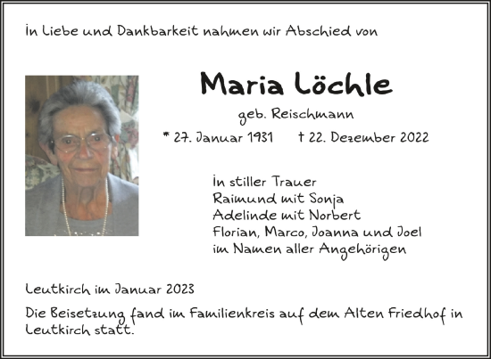 Anzeige von Maria Löchle von Schwäbische Zeitung