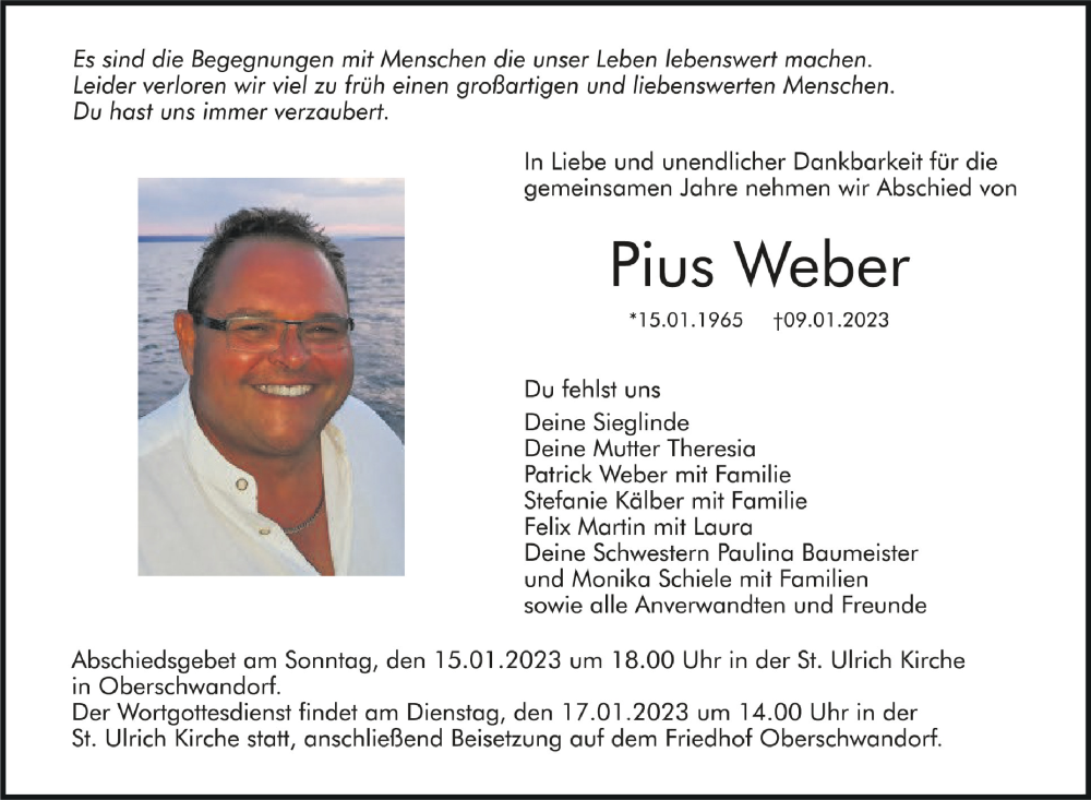  Traueranzeige für Pius Weber vom 14.01.2023 aus Schwäbische Zeitung