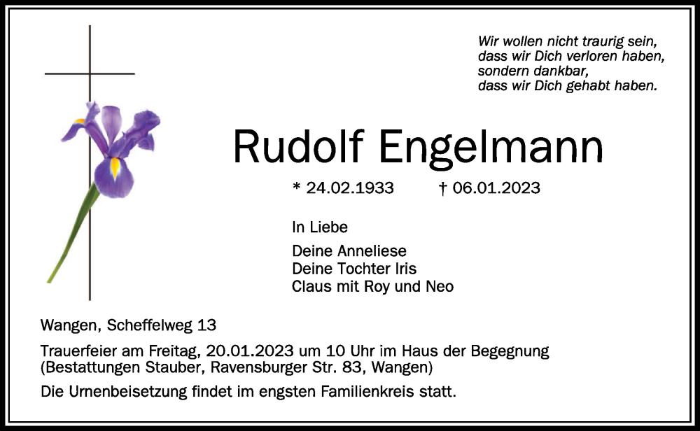  Traueranzeige für Rudolf Engelmann vom 14.01.2023 aus Schwäbische Zeitung