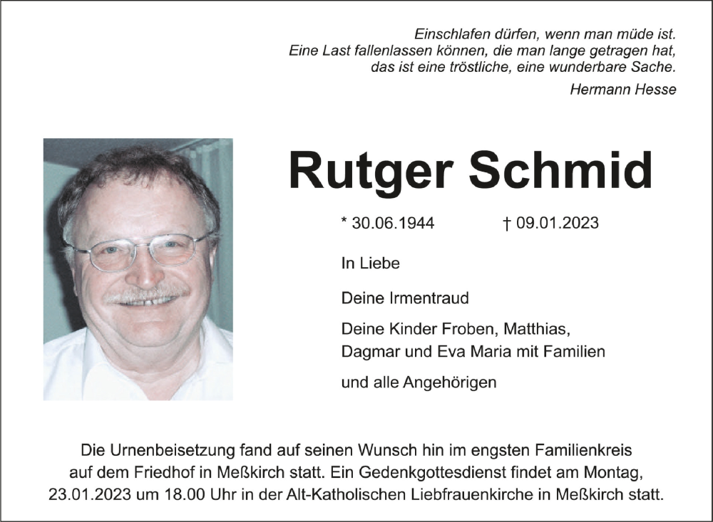  Traueranzeige für Rutger Schmid vom 21.01.2023 aus Schwäbische Zeitung