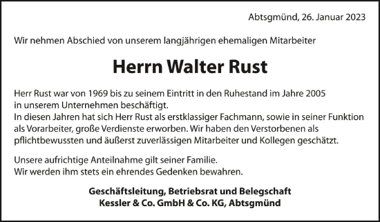 Anzeige von Walter Rust von Schwäbische Zeitung